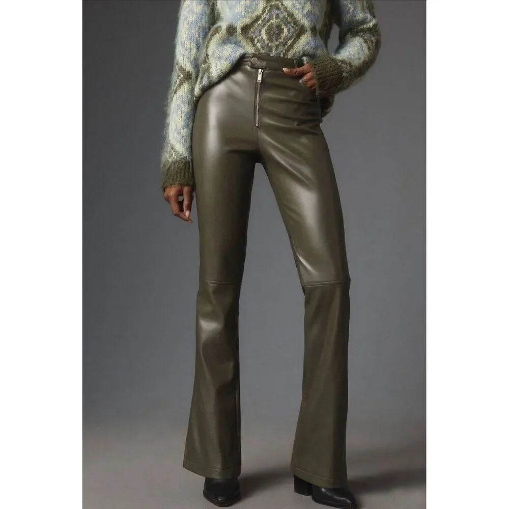 Anthropologie Avec Les Filles Sz 12 Vegan Leather Kick Flare Pants Olive Green